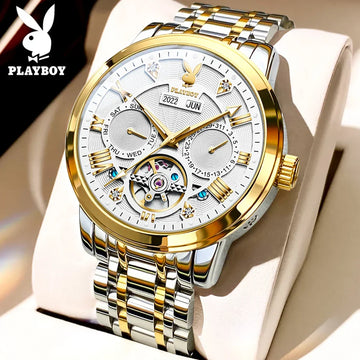 PLAYBOY Luxury Top Brand Fashion Automatic Mechanical Stainless Steel Waterproof Business Men's Watches for Men